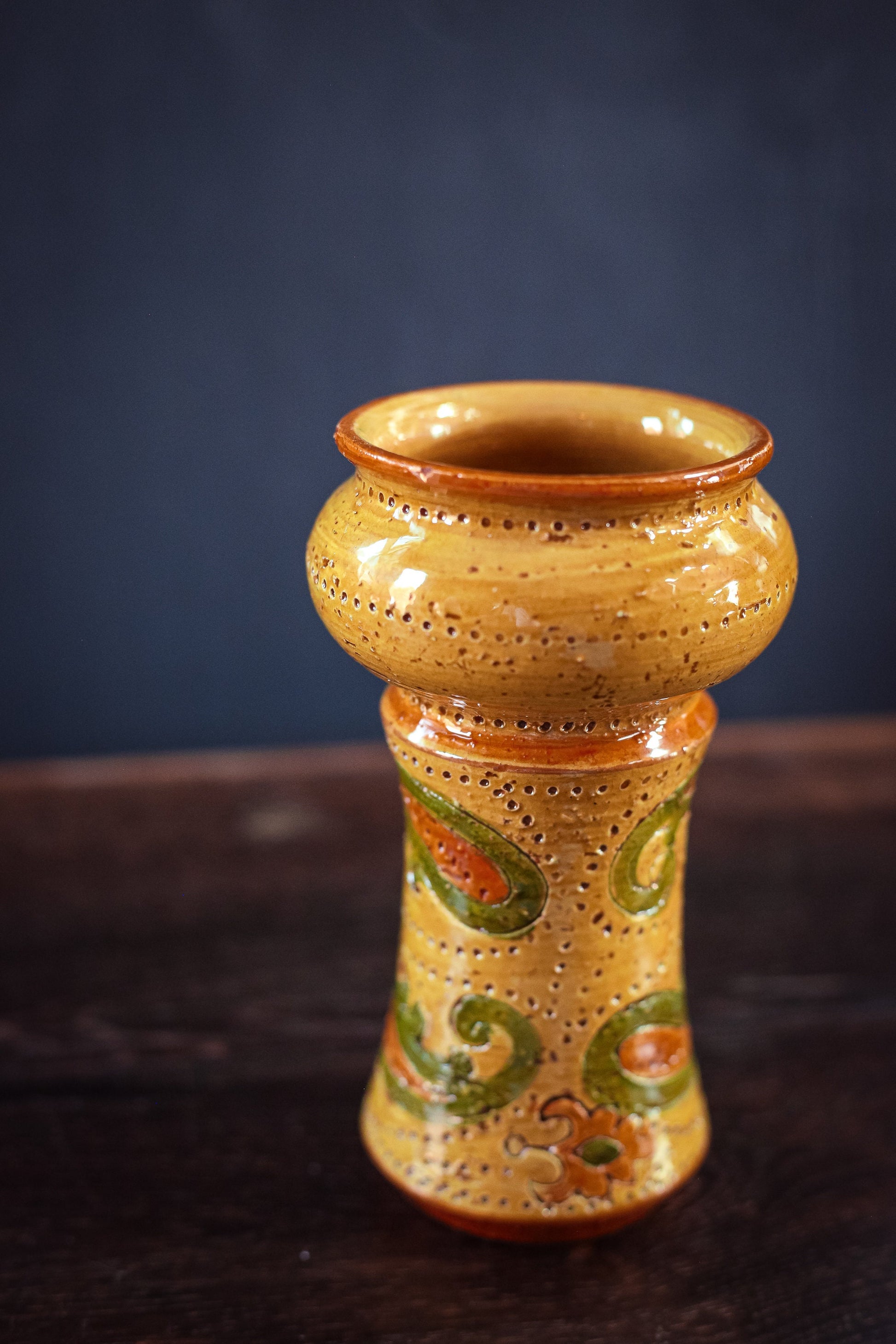 Bitossi for Rosenthal Netter Yellow Green Glazed Hand Thrown Ceramic Candle Holder - Vintage Midcentury Modern Italian Ceramic Candle Base