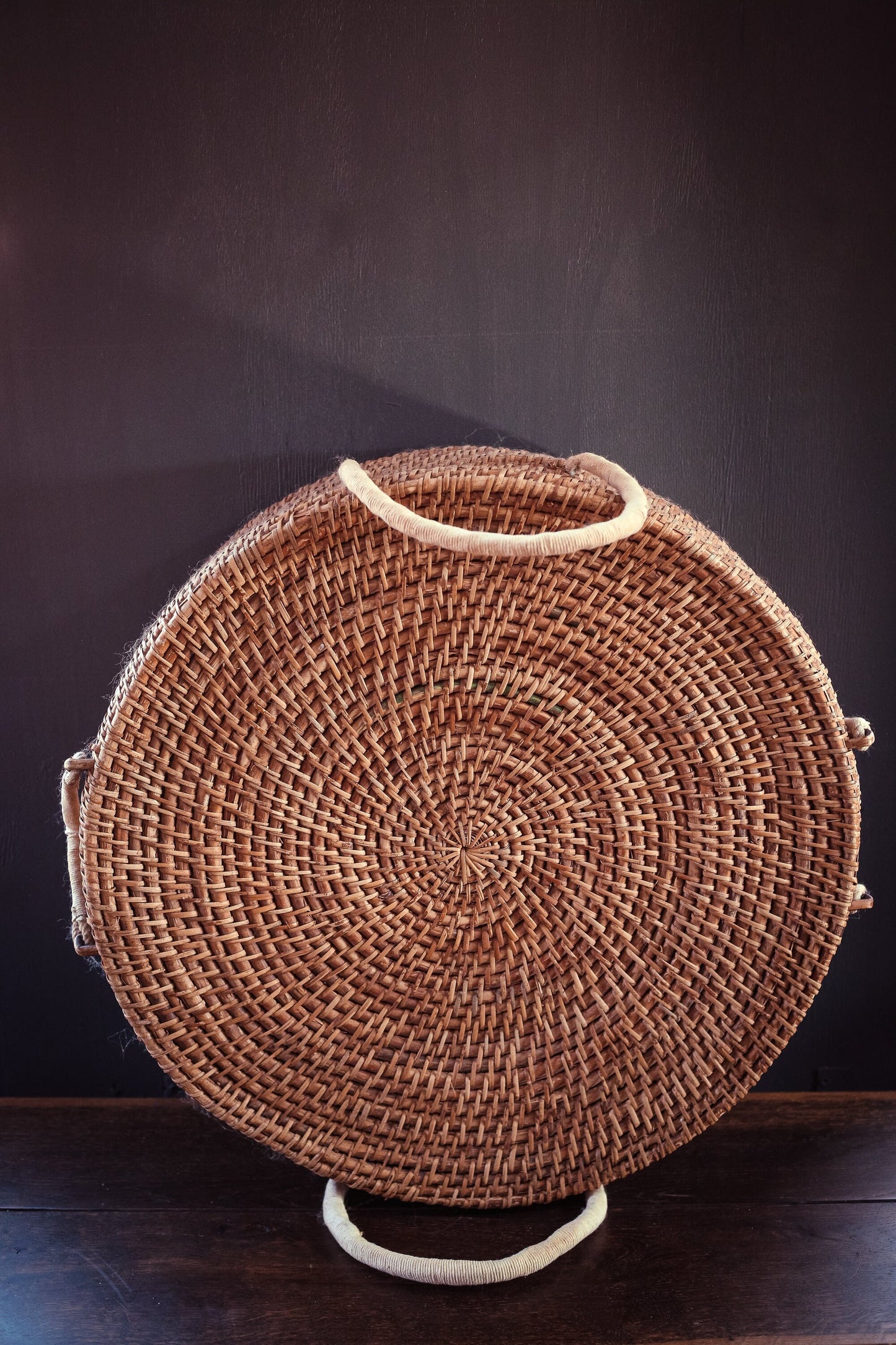 Giant Round Lidded Coil Basket with Rope Handles - Vintage Storage Basket Extra Large Round