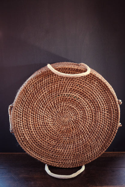 Giant Round Lidded Coil Basket with Rope Handles - Vintage Storage Basket Extra Large Round
