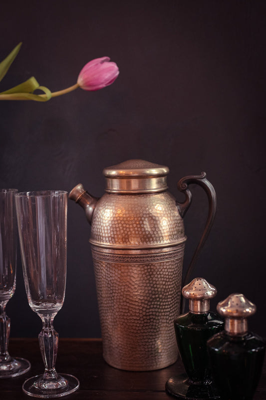 Hammered Silverplate Cocktail Shaker with Art Deco Details - Vintage Silvercraft Cocktail Pitcher with Handle & Pour Spout