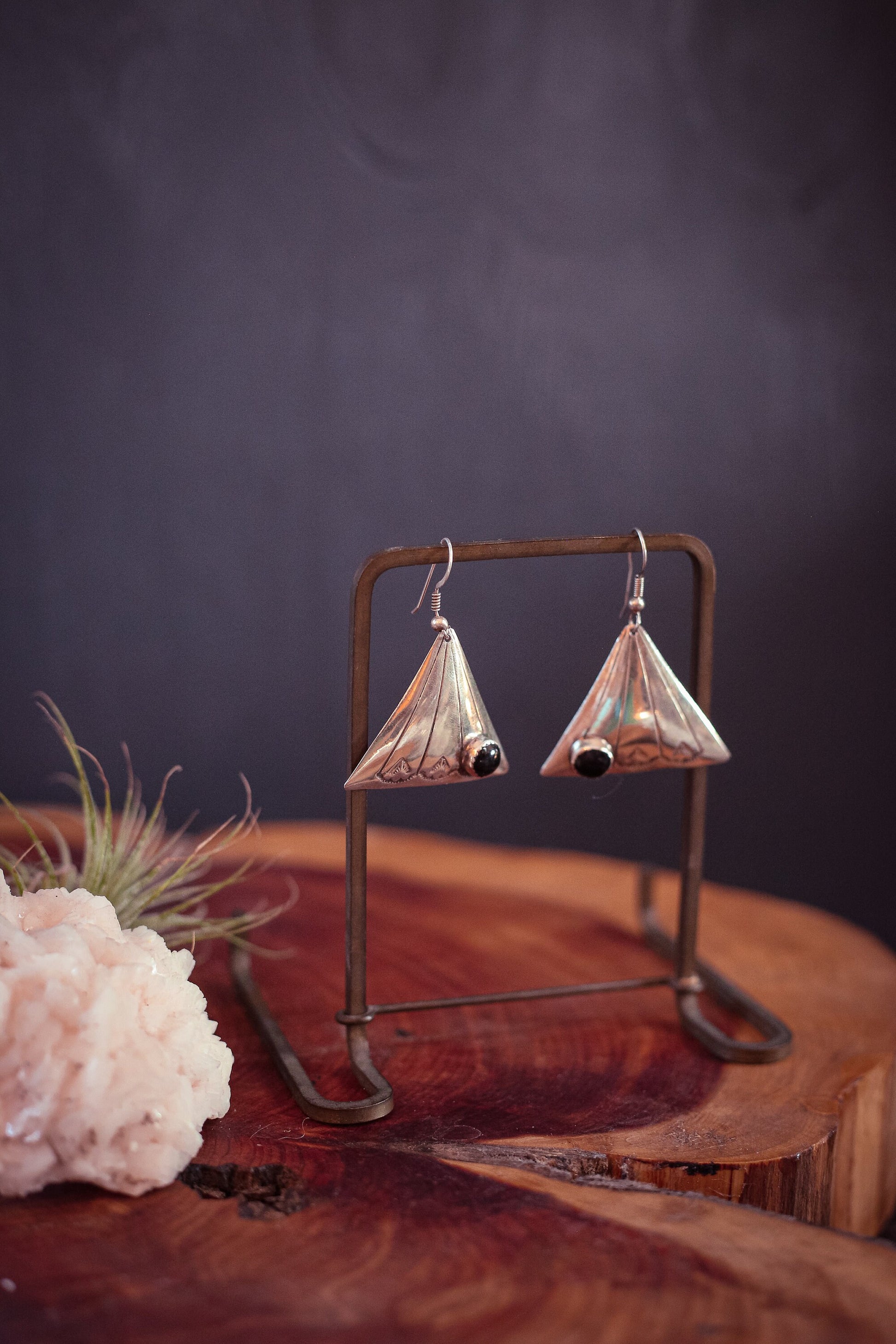 Sterling Silver and Onyx Triangle Drop Earrings - Vintage Silver Earring