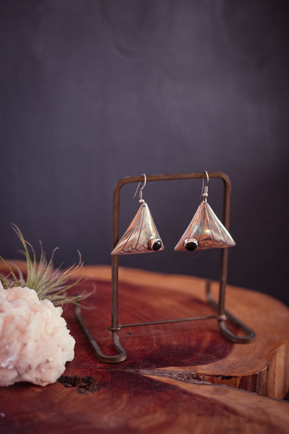 Sterling Silver and Onyx Triangle Drop Earrings - Vintage Silver Earring