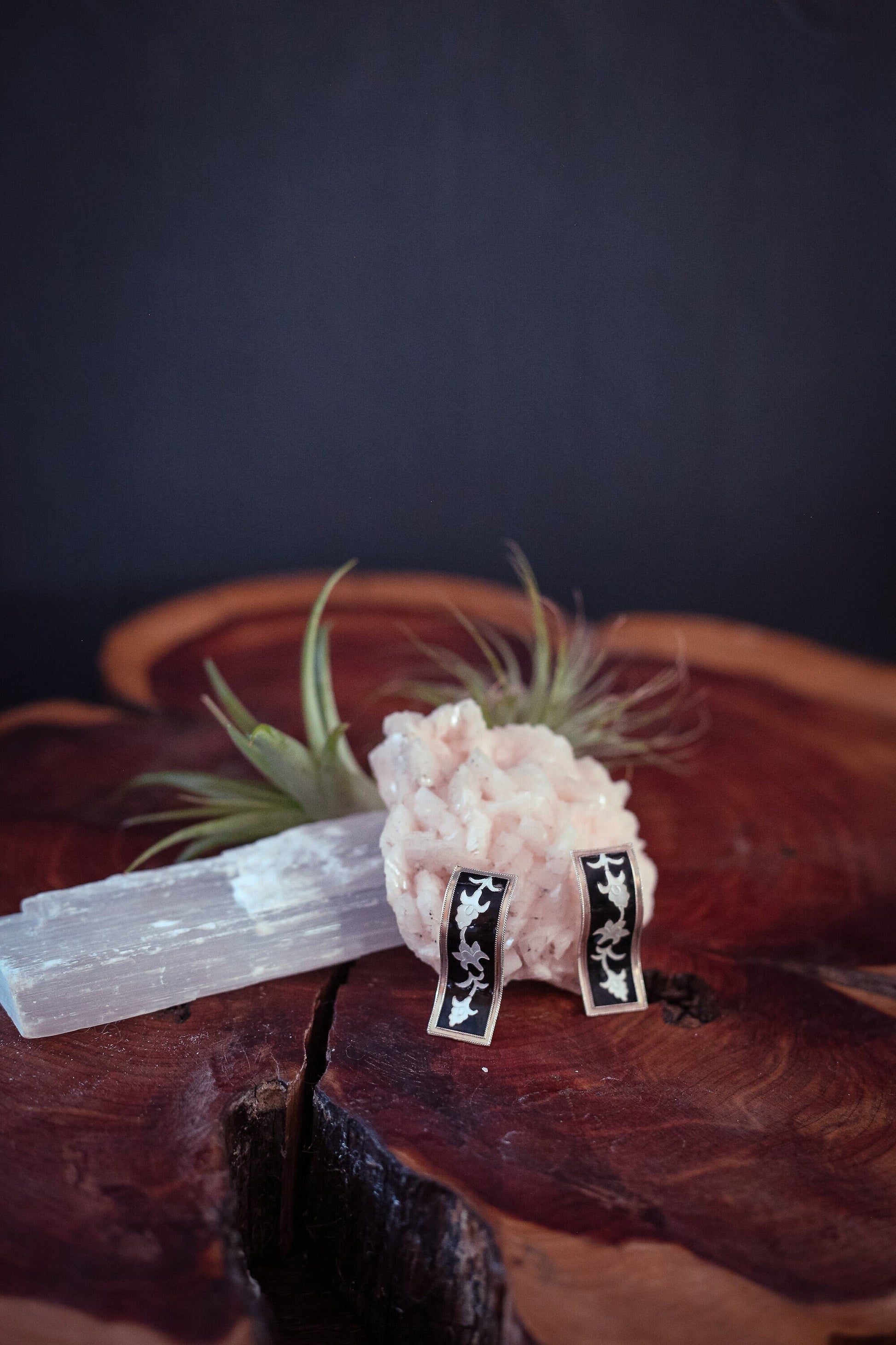Sterling Silver with Black White Enamel Floral Ribbon Earrings - Vintage Silver Wave Earrings