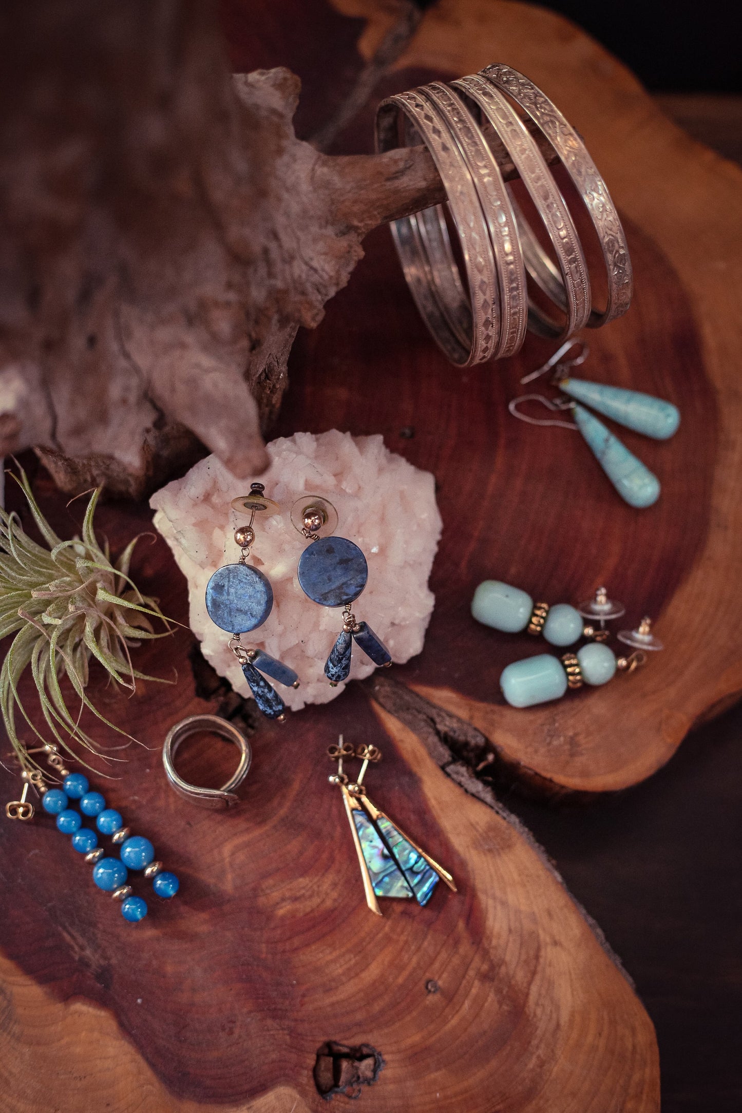 Deep Blue Paua Abalone & Gold Tone Drop Earrings - Vintage Estate Earrings