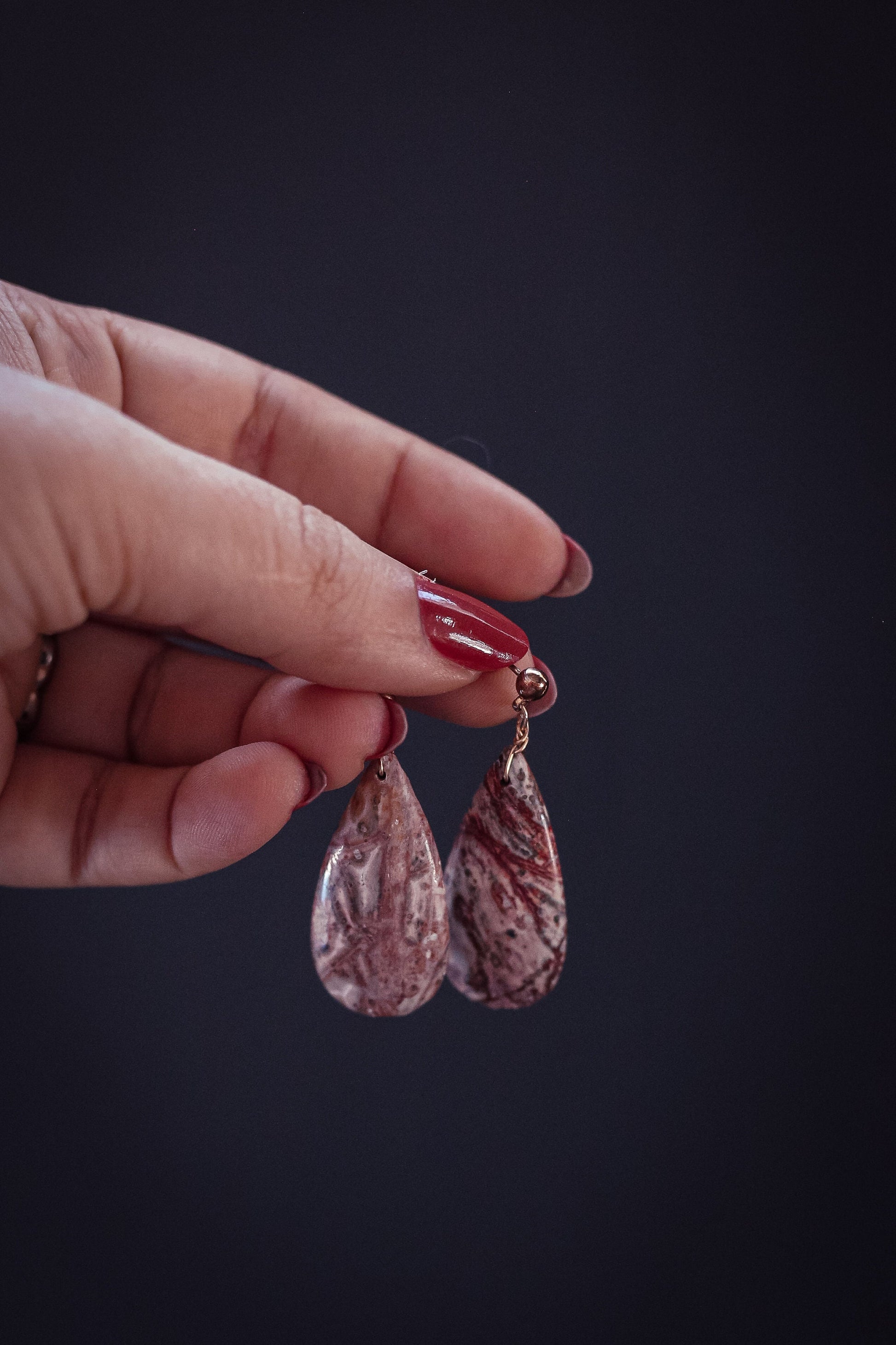 Large Picture Jasper Teardrop Earrings - Vintage Estate Semi Precious Stone Earrings
