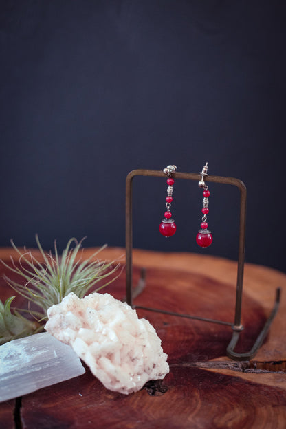 Carnelian and Silver Bead Earrings - Vintage Estate Red Jade Earrings