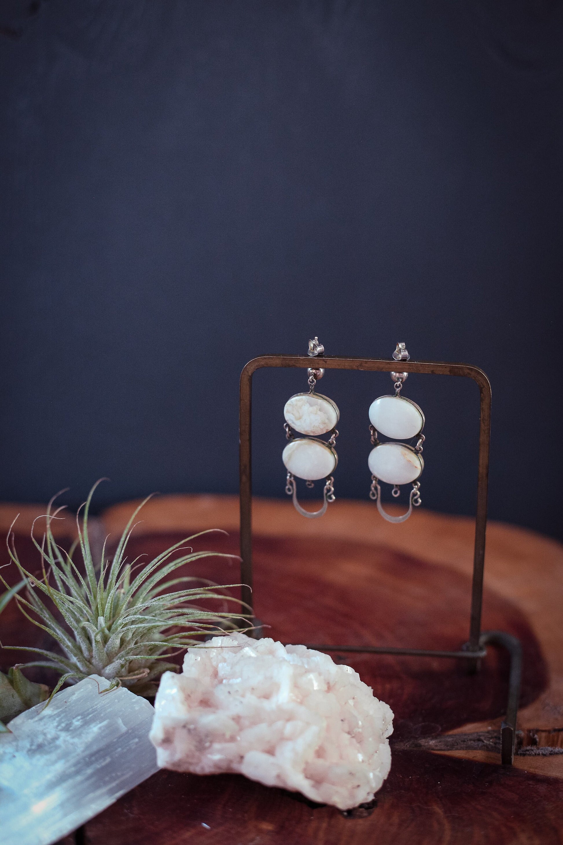 White Quartz & Silver Layered Earrings - Vintage Estate Earrings