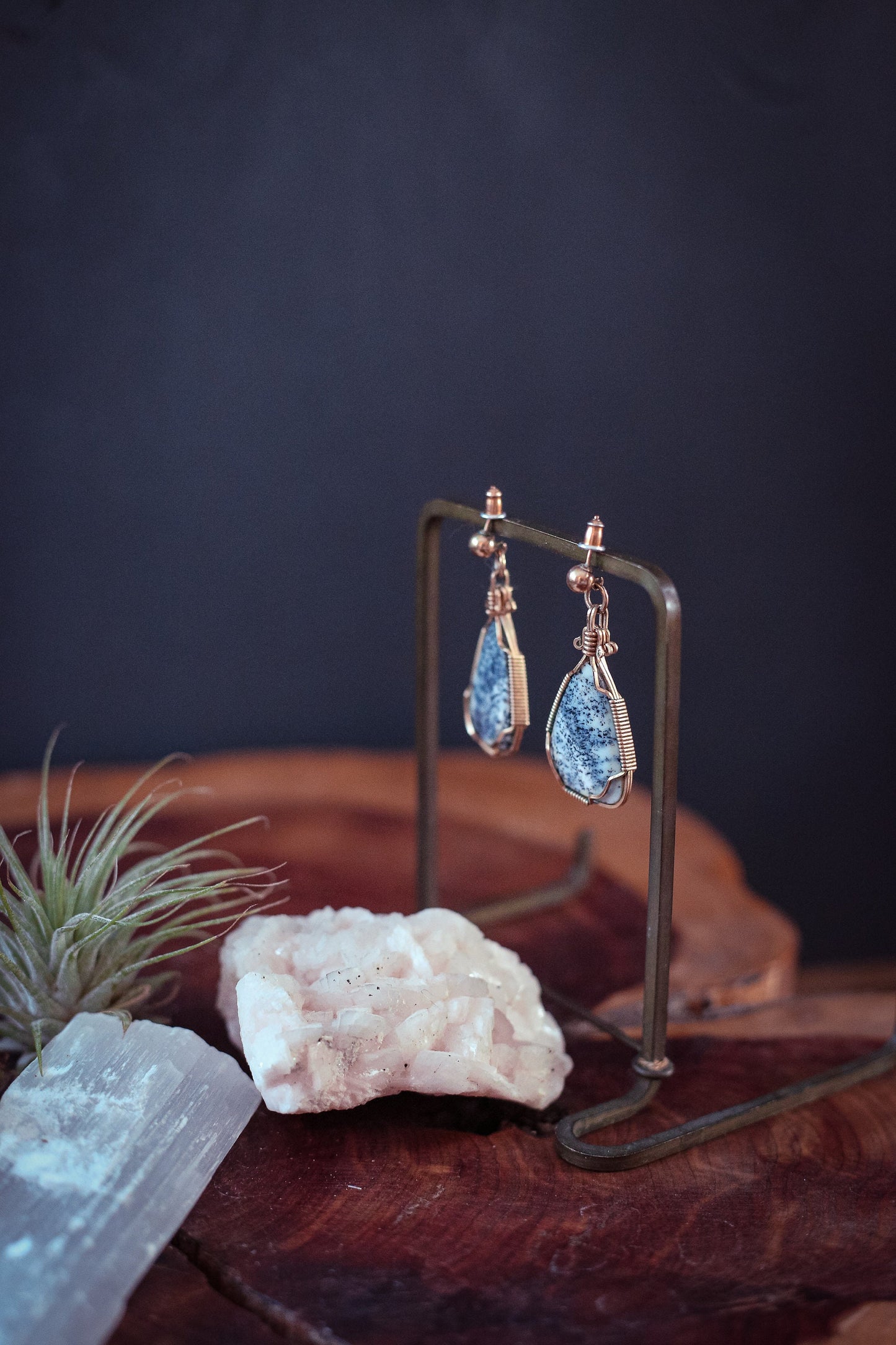 Intricate Gold Wire Weave Dendritic Opal 14K GF Ball Post - Vintage Estate Wire Wrapped Dendritic Agate Earrings