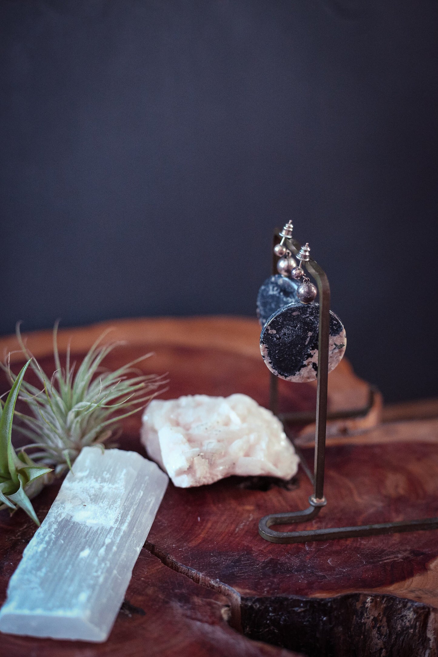 Petrified Palm Root Sterling Silver Earrings - Vintage Estate Jewelry Black Taupe Petrified Wood Earrings