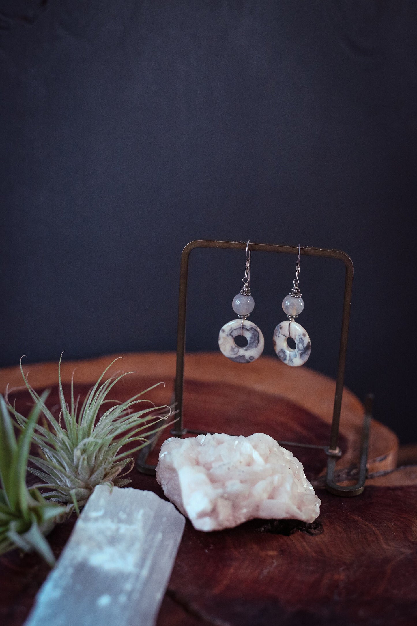 Agate Quartz & Smoky Quartz Silver Earrings with Ornate French Hook - Vintage White Grey Estate Earrings