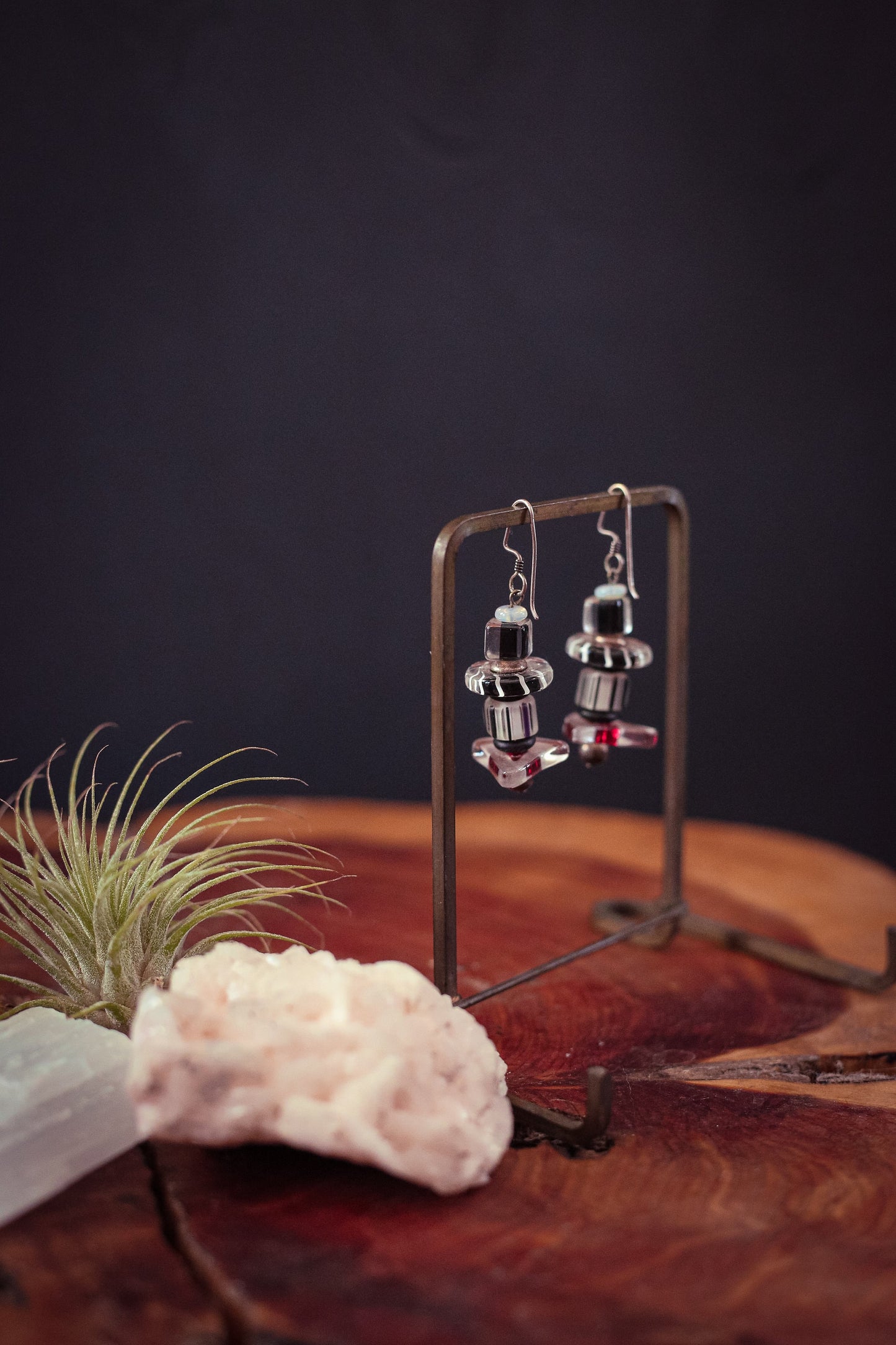 Hand Rolled/Cut Glass Bead Crystal Earrings in Black White Red Clear - Vintage Glass & Crystal Earrings