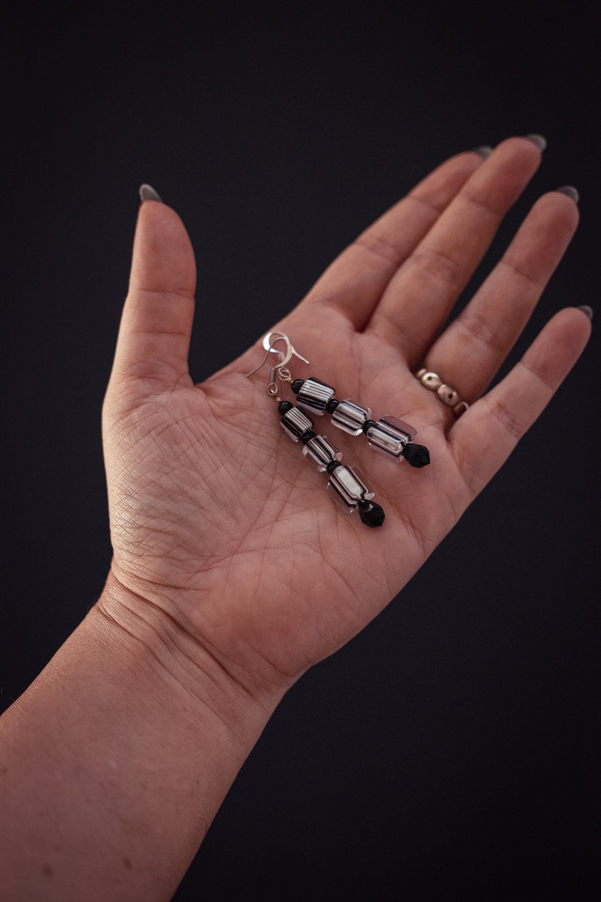 Hand Rolled/Cut Glass Bead Crystal Earrings in Black White Clear - Vintage Glass & Crystal Earrings