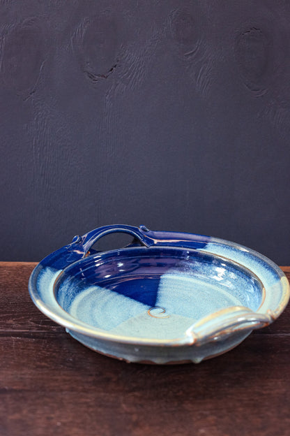 Studio Ceramic Serving Dish with Handles in Tri-Color Blue Glaze - Vintage Signed Studio Pottery Round Blue Tray