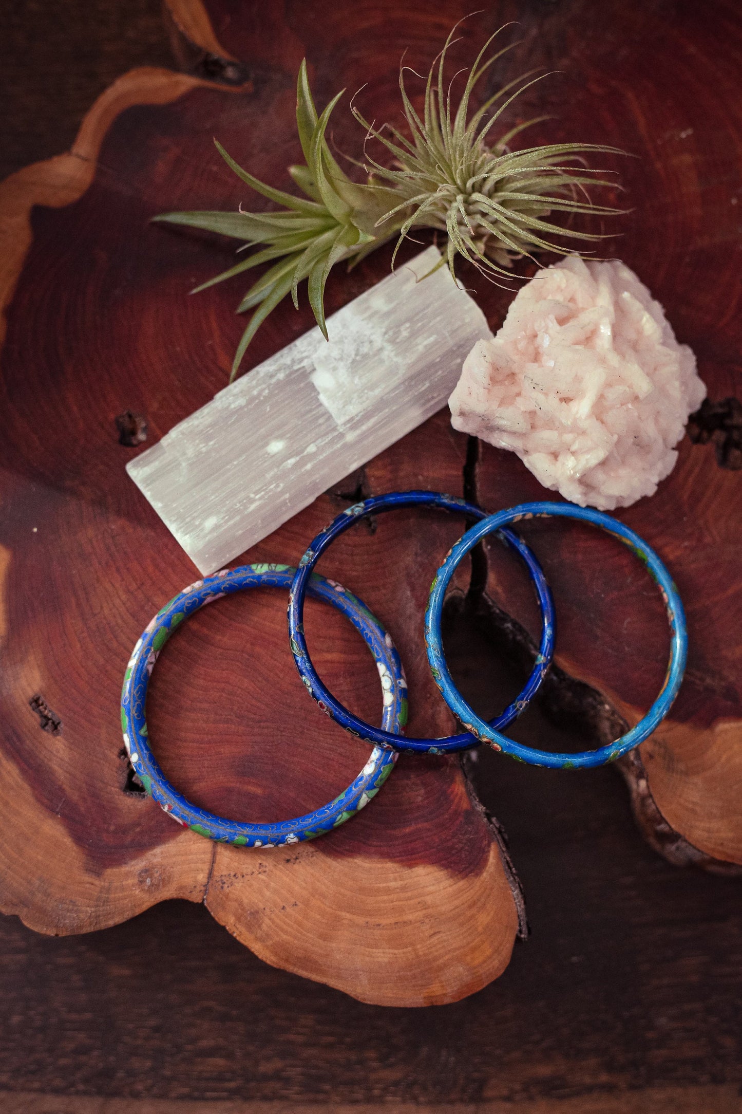 Set of 3 Blue Brass Enamel Cloisonné Bracelets - Vintage Colorful Chinese Bangles