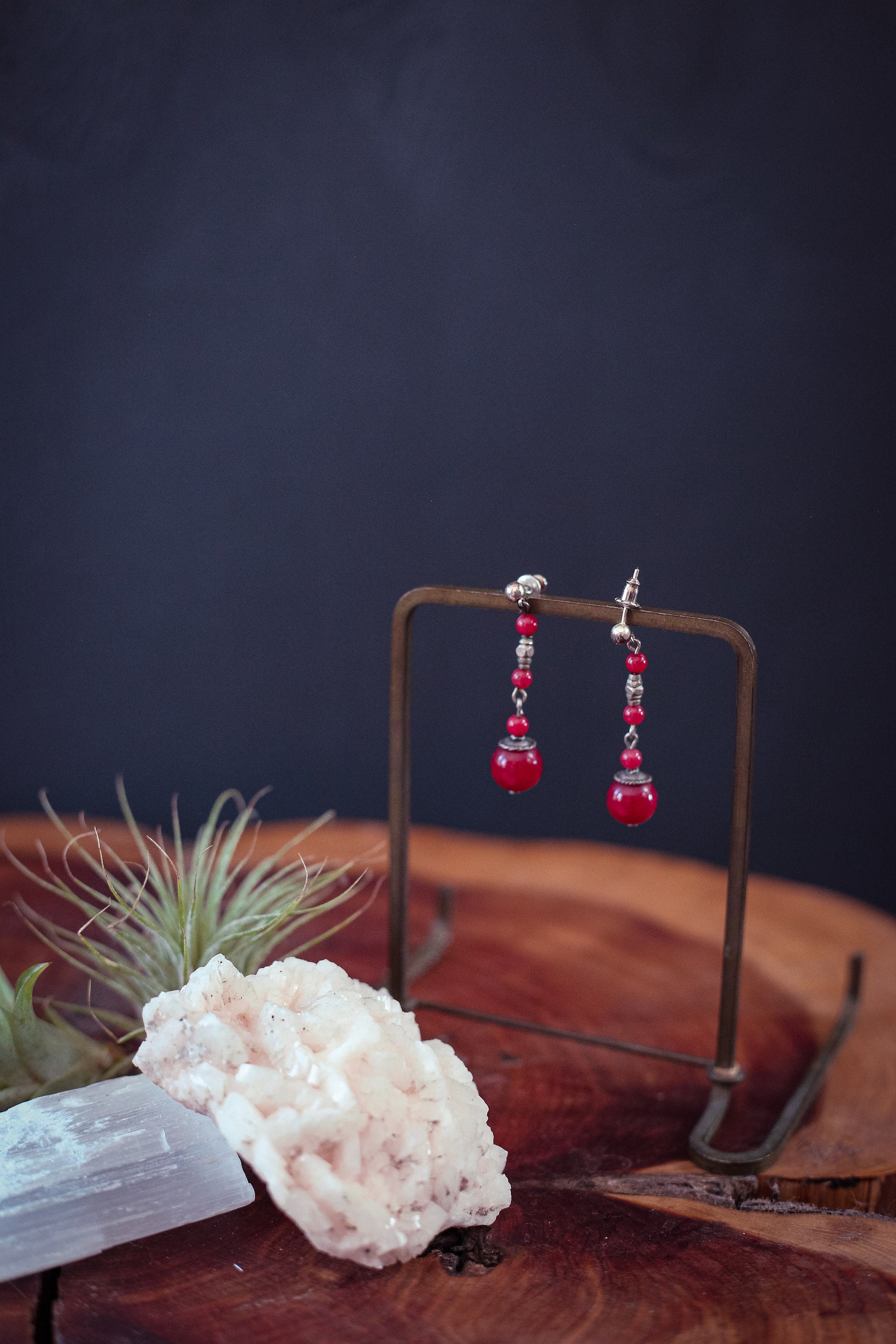 Carnelian and Silver Bead Earrings - Vintage Estate Red Jade Earrings