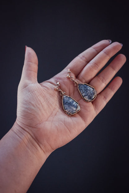 Intricate Gold Wire Weave Dendritic Opal 14K GF Ball Post - Vintage Estate Wire Wrapped Dendritic Agate Earrings