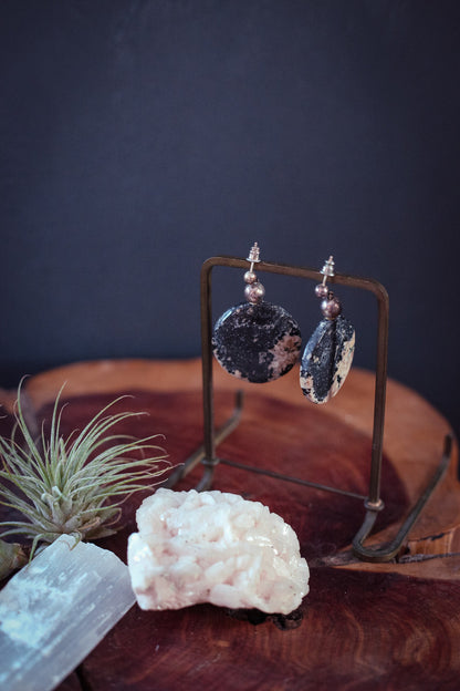 Petrified Palm Root Sterling Silver Earrings - Vintage Estate Jewelry Black Taupe Petrified Wood Earrings