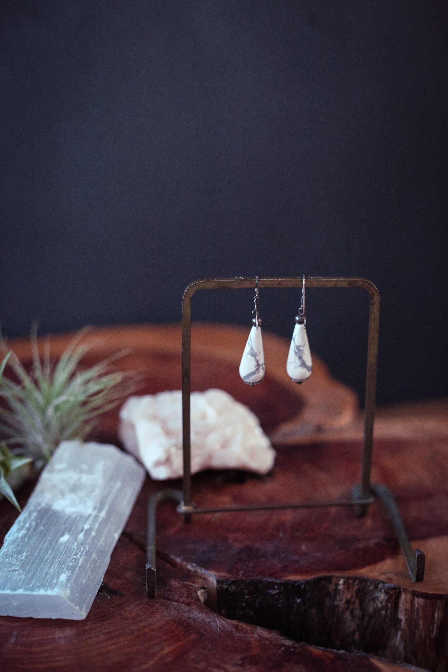 Howlite & Sterling Silver Teardrop Earrings with French Hook - Vintage White Sterling Silver Estate Earrings