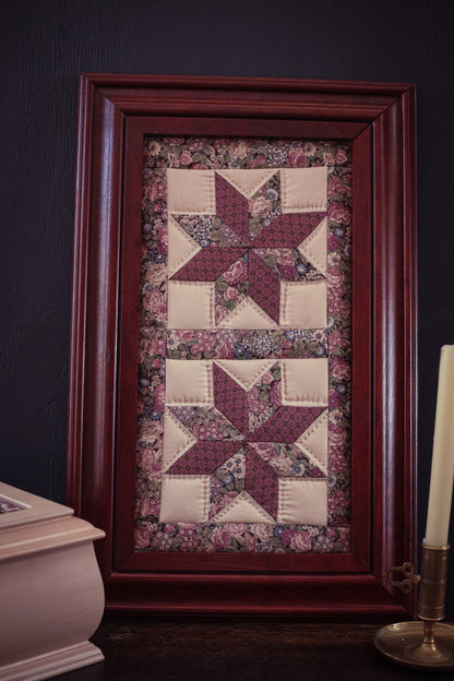 Star Quilt Panels in Purple and Green with Wood Frame - Vintage Framed Handmade Quilt Panels
