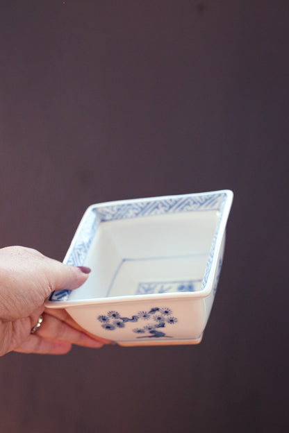 Blue White Hand Painted Square Porcelain Bowls - Vintage Japanese Porcelain Rice/Soup Bowls