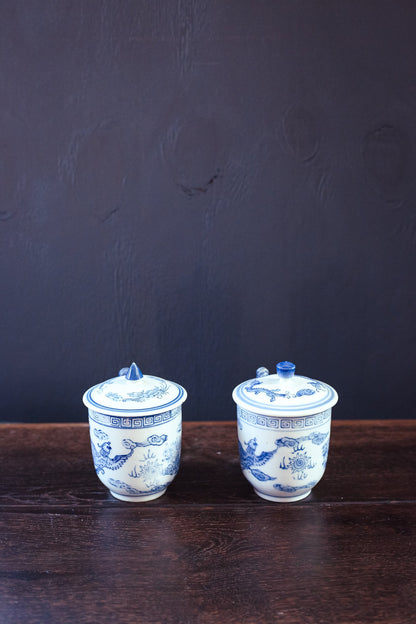 Pair of Blue White Dragon Cups with Shaped Handle & Lids - Mismatched Vintage Porcelain Tea/Coffee Cups with Lids