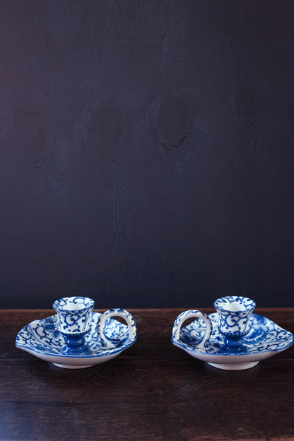 Pair of Blue White Phoenix Chamber Candle Holders - Vintage Takahashi Phoenix Porcelain Candle Base with Handle