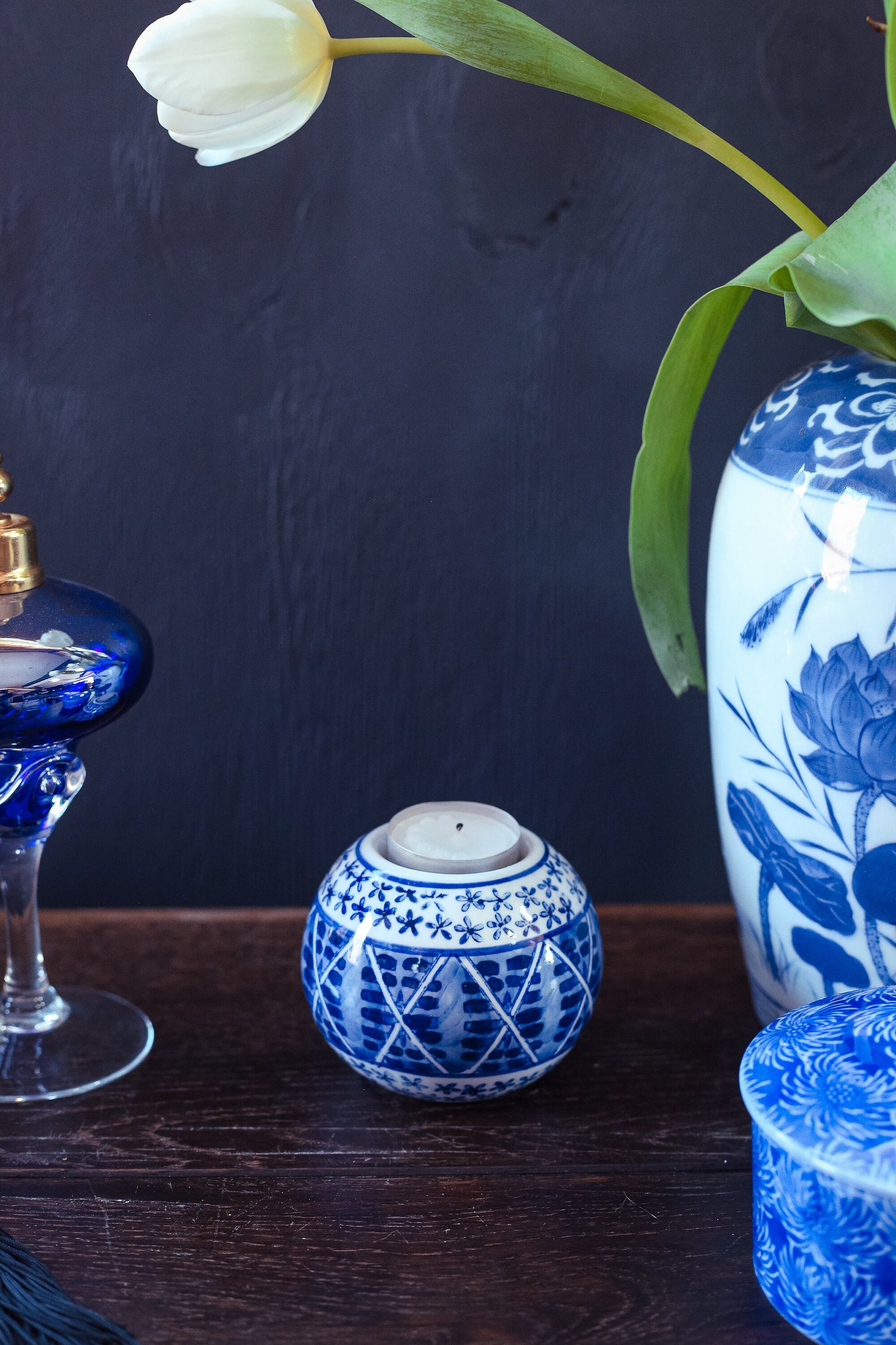 Hand Painted Blue & White Ceramic Globe Votive Candle Holder - Vintage Porcelain Candle Holder