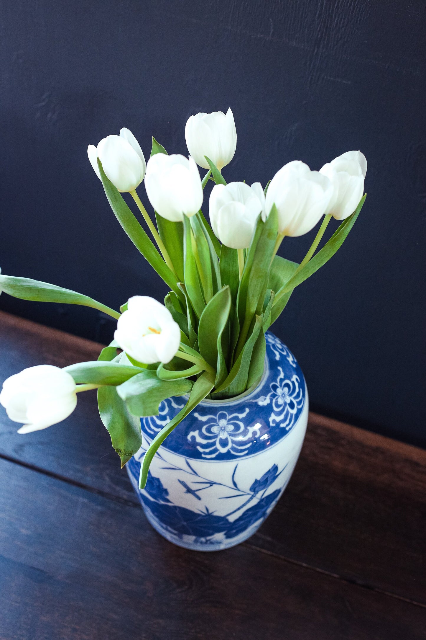 Blue & White Porcelain Hand Painted Vase with Lotus Dragonfly - Vintage Blue White Round Ceramic Vase