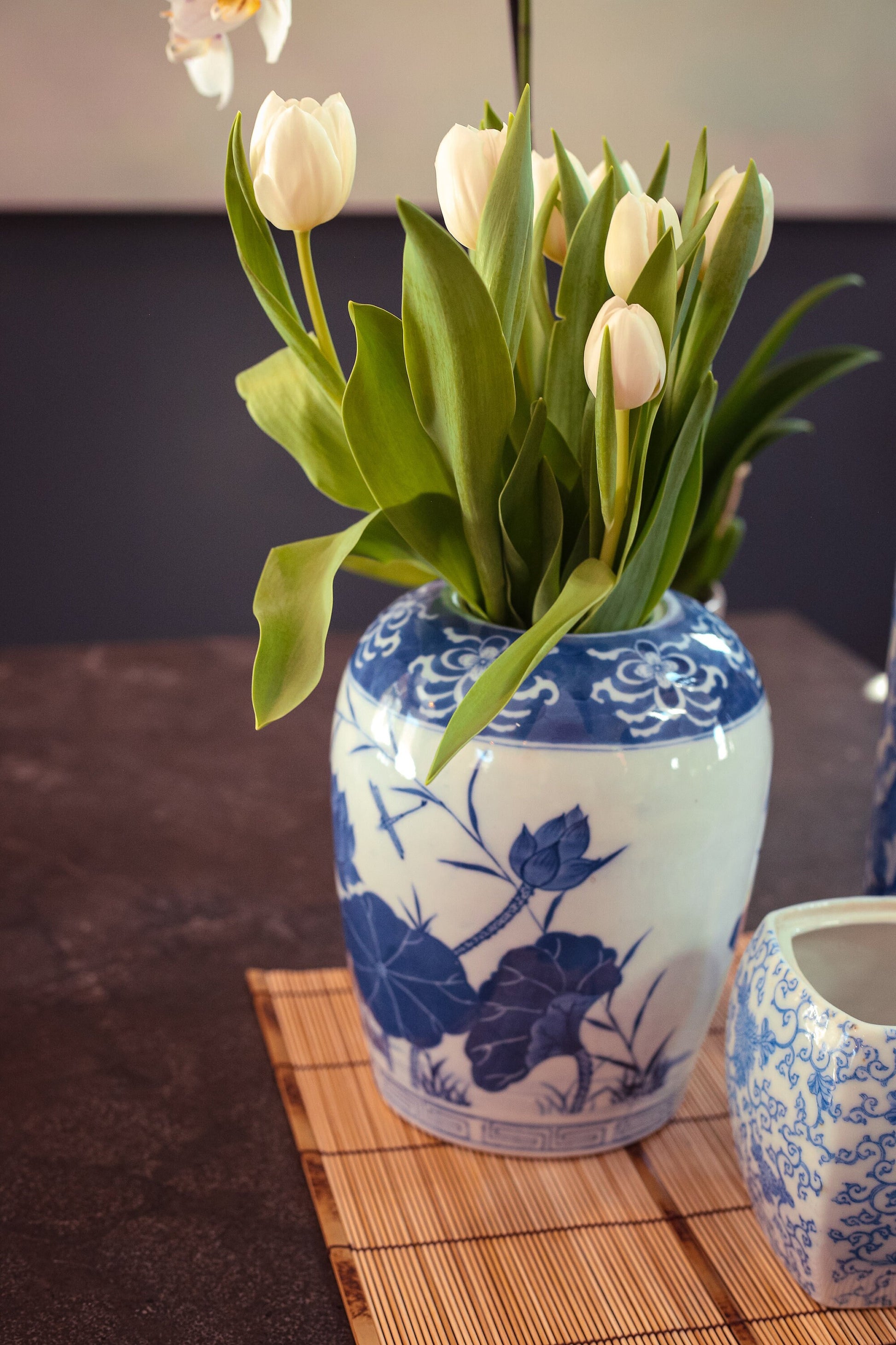 Blue & White Porcelain Hand Painted Vase with Lotus Dragonfly - Vintage Blue White Round Ceramic Vase
