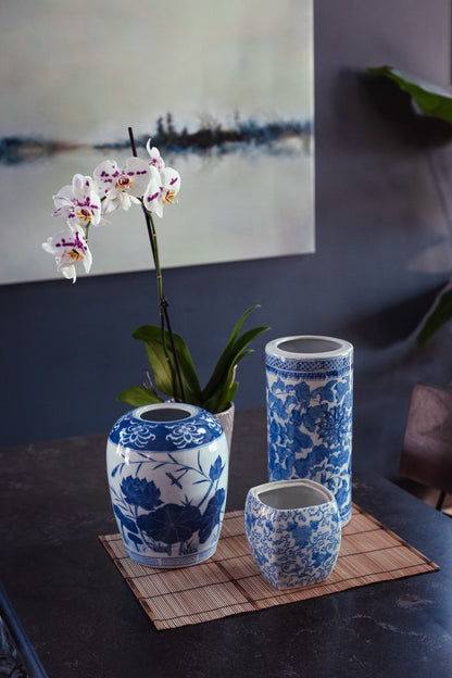 Blue White Ceramic Vase with Lotus Pattern - Vintage Blue & White Rounded Square Transfer ware Vase