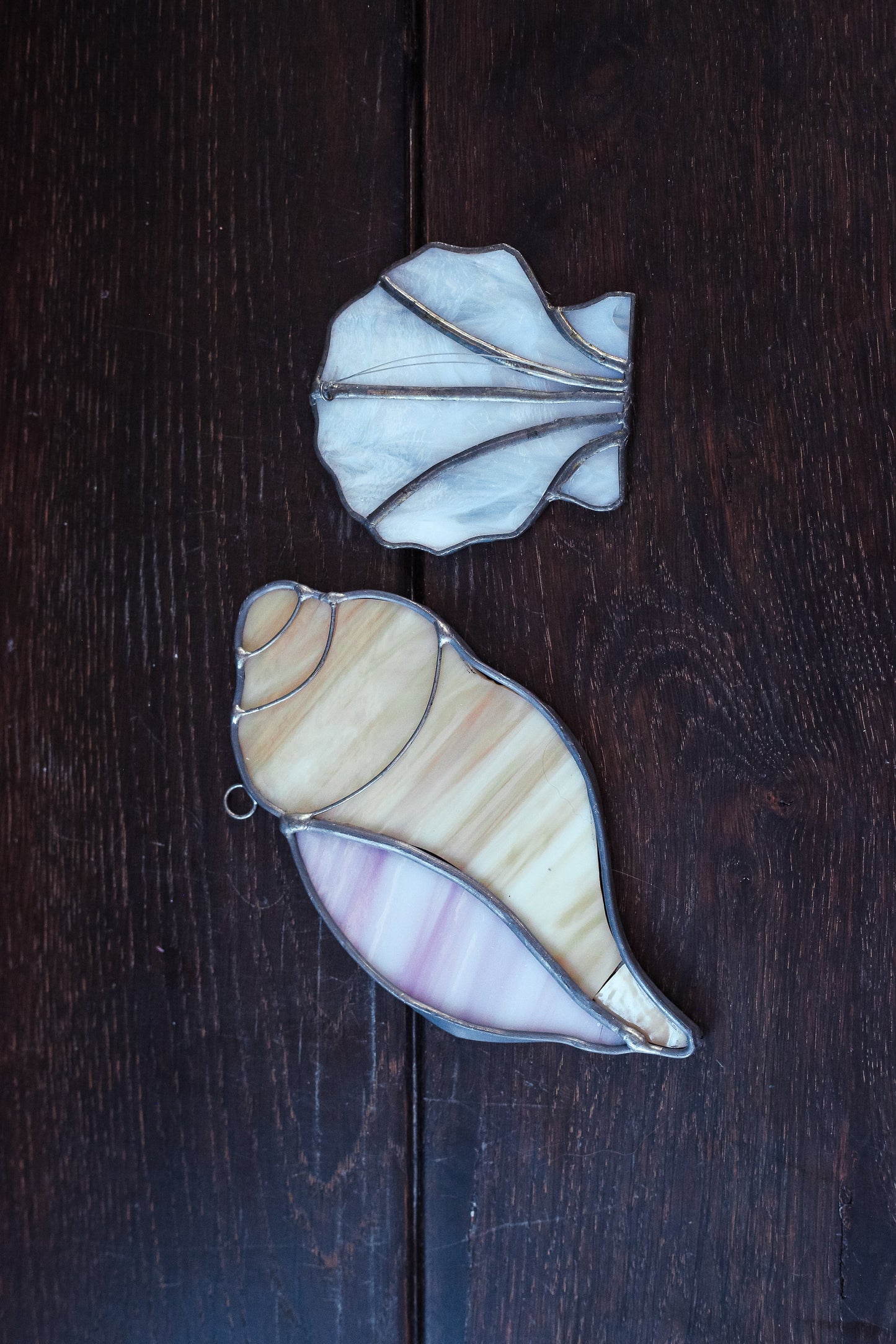 Pair of Stained Glass Shell Shaped Suncatchers - Vintage Stained Glass Ornaments