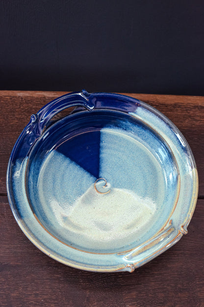 Studio Ceramic Serving Dish with Handles in Tri-Color Blue Glaze - Vintage Signed Studio Pottery Round Blue Tray