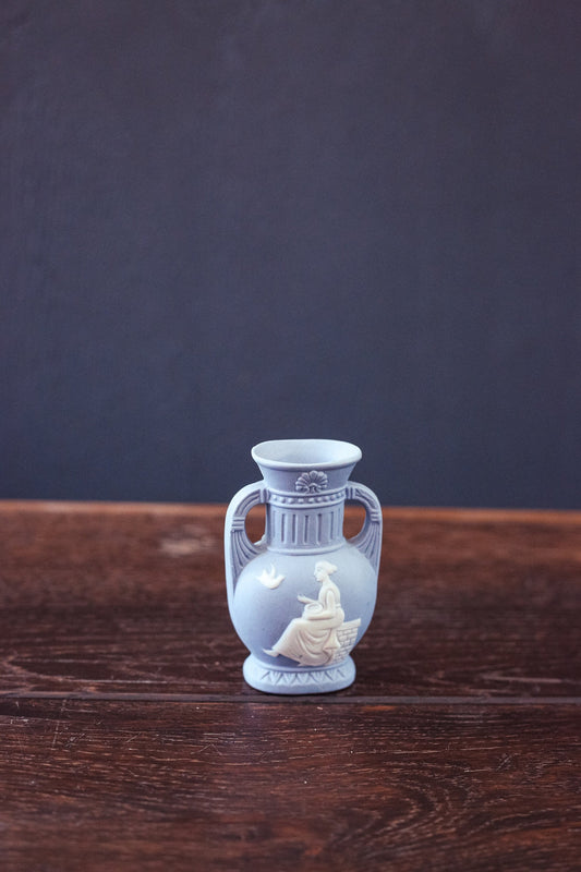 Miniature Blue Japanese Jasperware Amphora - Vintage Mini Matte Blue Ceramic Vase with Handles from Japan