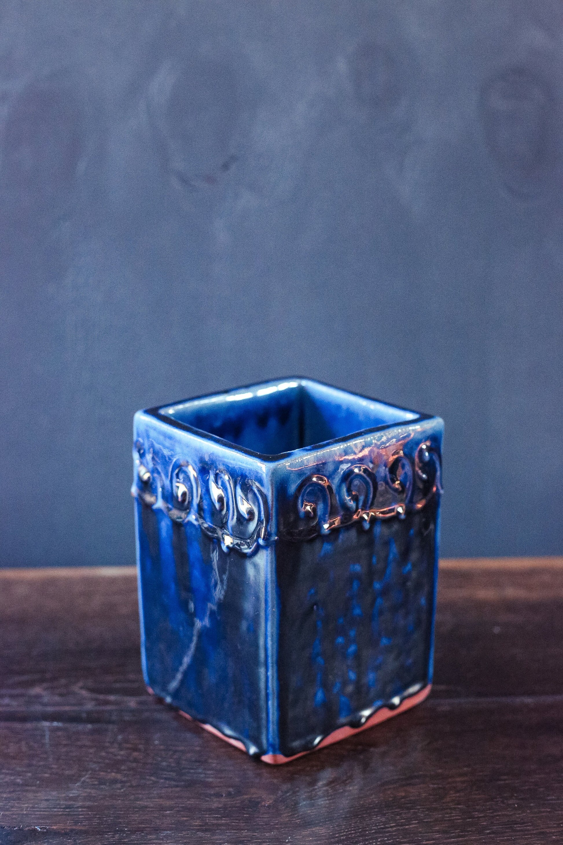 Deep Blue Glazed Square Planter Pot with Embossed Waves - Vintage Indigo Blue Plant Cache Pot by Earthworks Barbados