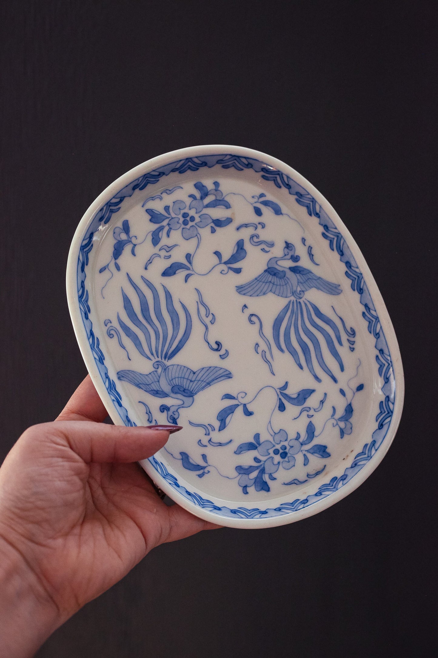 Pair of Blue White Phoenix Porcelain Low Dishes - Vintage Japanese Porcelain Serving Plates
