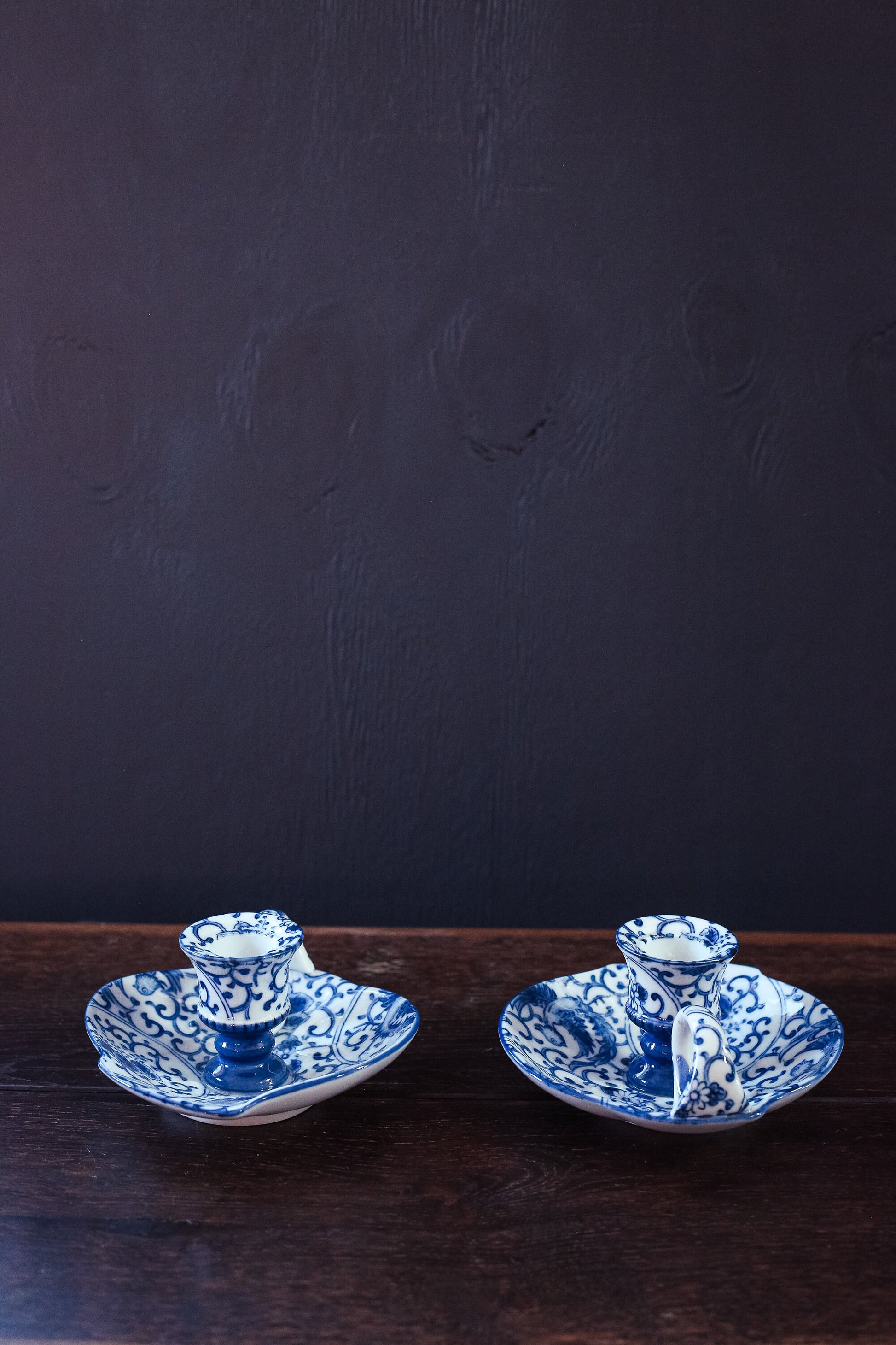Pair of Blue White Phoenix Chamber Candle Holders - Vintage Takahashi Phoenix Porcelain Candle Base with Handle