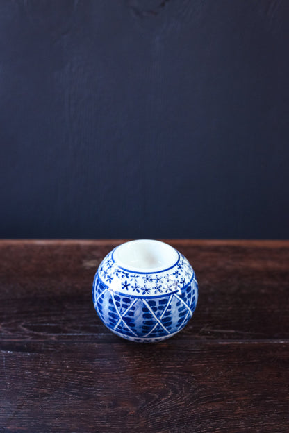 Hand Painted Blue & White Ceramic Globe Votive Candle Holder - Vintage Porcelain Candle Holder