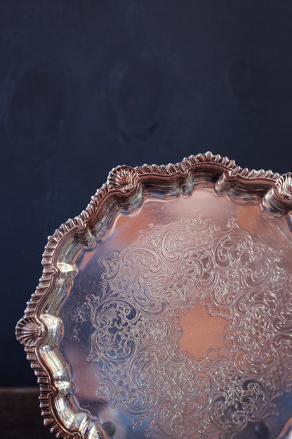 Scallop Edge Silver Plated Tray with Seashells & Scrollwork - Vintage Round Silverplated Serving Tray