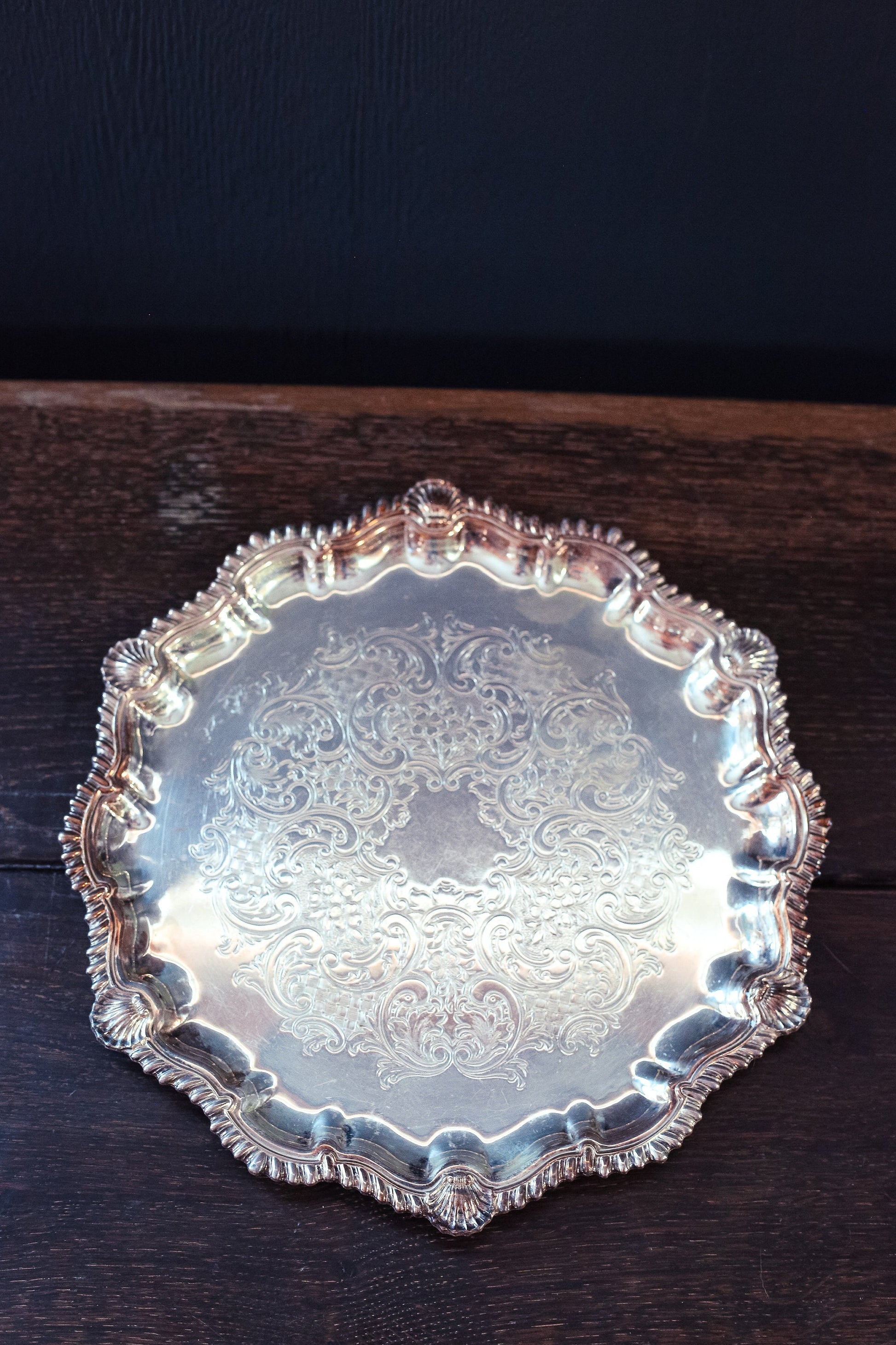 Scallop Edge Silver Plated Tray with Seashells & Scrollwork - Vintage Round Silverplated Serving Tray