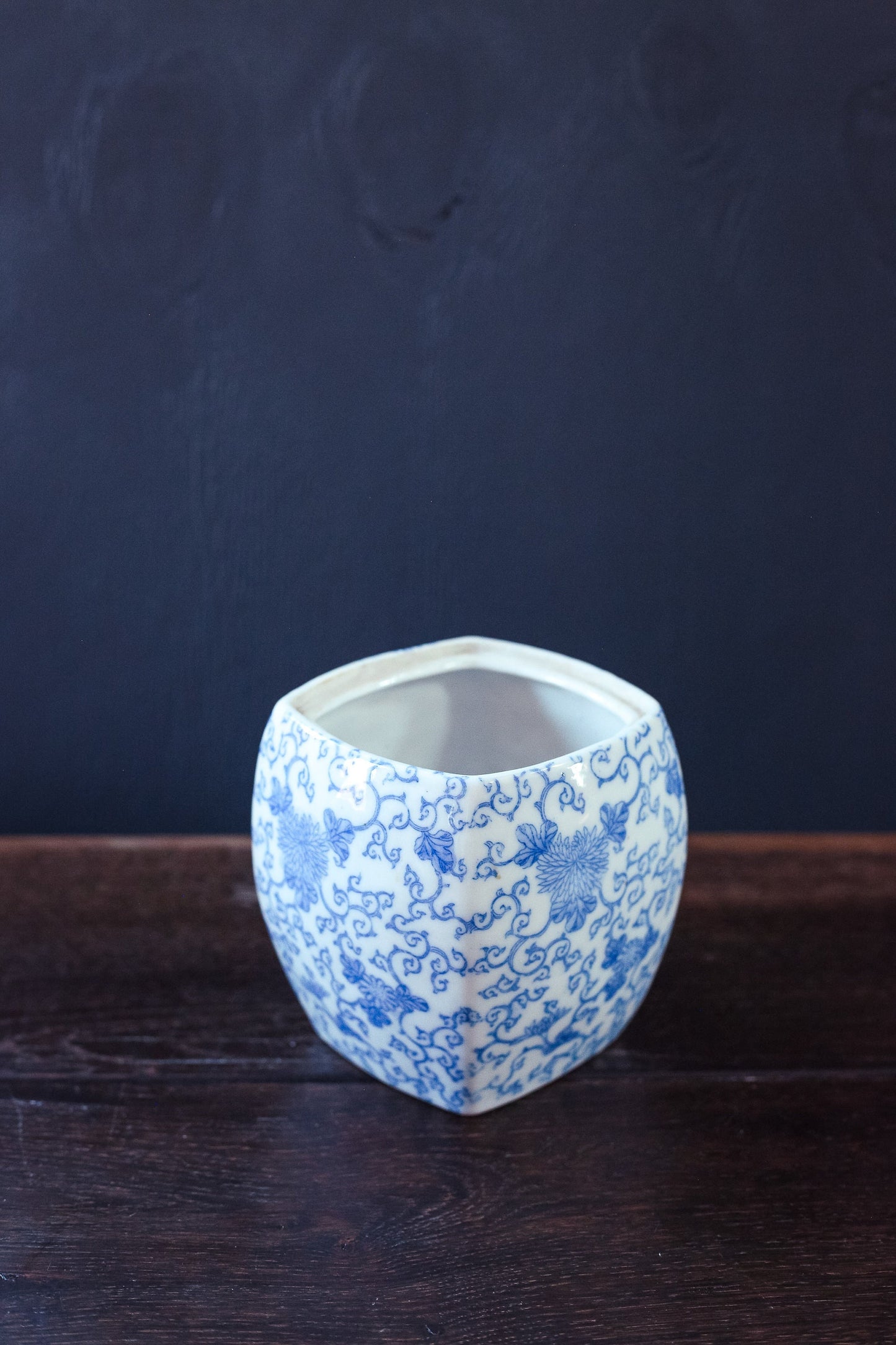 Blue White Ceramic Vase with Lotus Pattern - Vintage Blue & White Rounded Square Transfer ware Vase