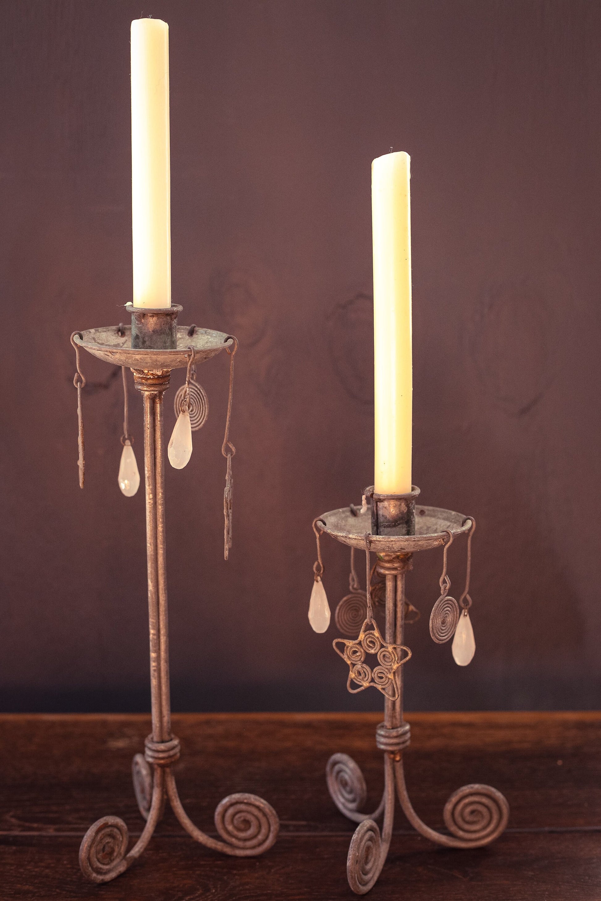 Moon & Stars Galvanized Aluminum Candle Holders with Crystals - Vintage Pair of Rustic Celestial Candle Base
