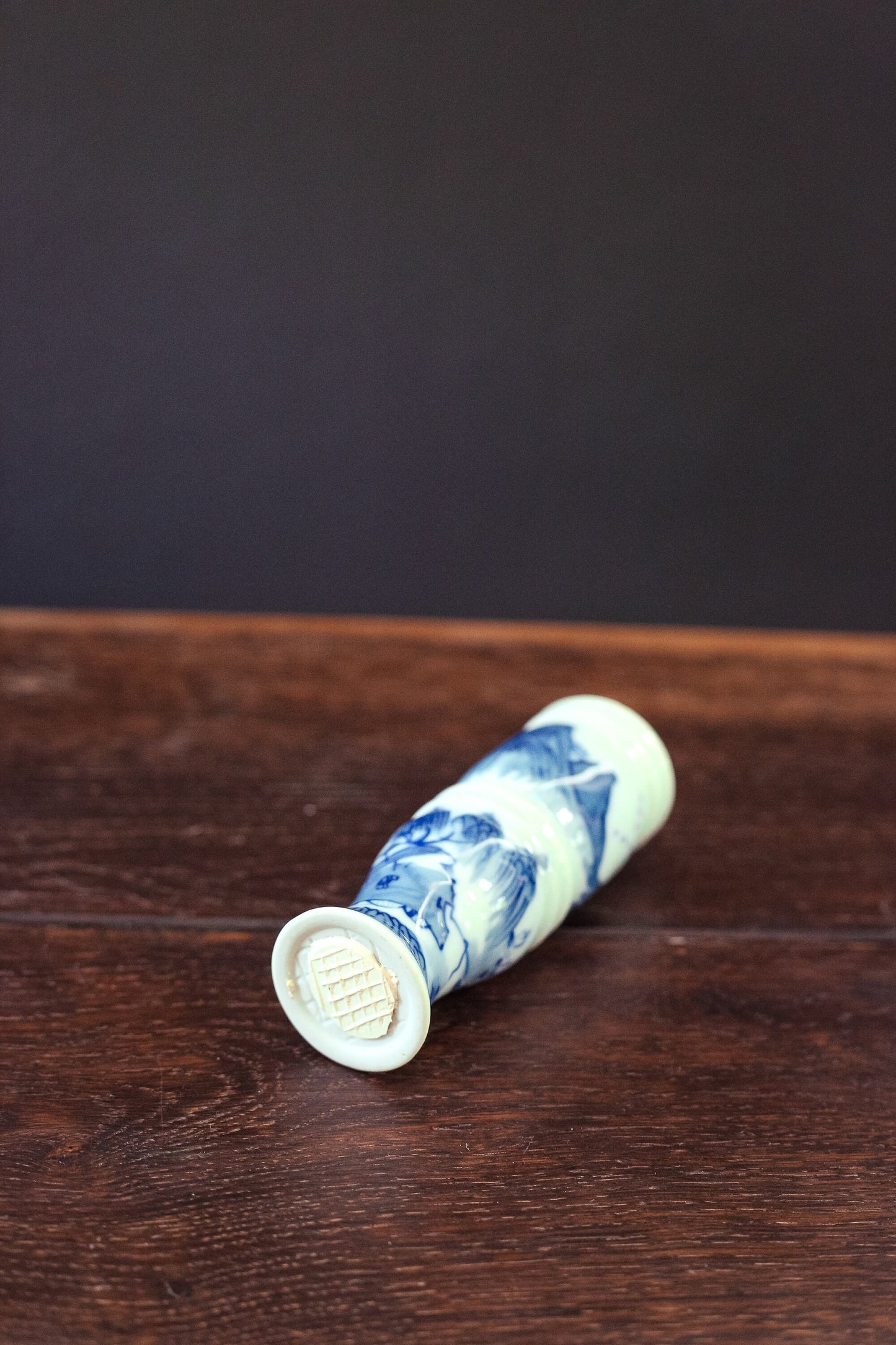 Small Hand Painted Scenic Cylinder Vase - Vintage Mountain Scene Blue & White Japanese Bud Vase