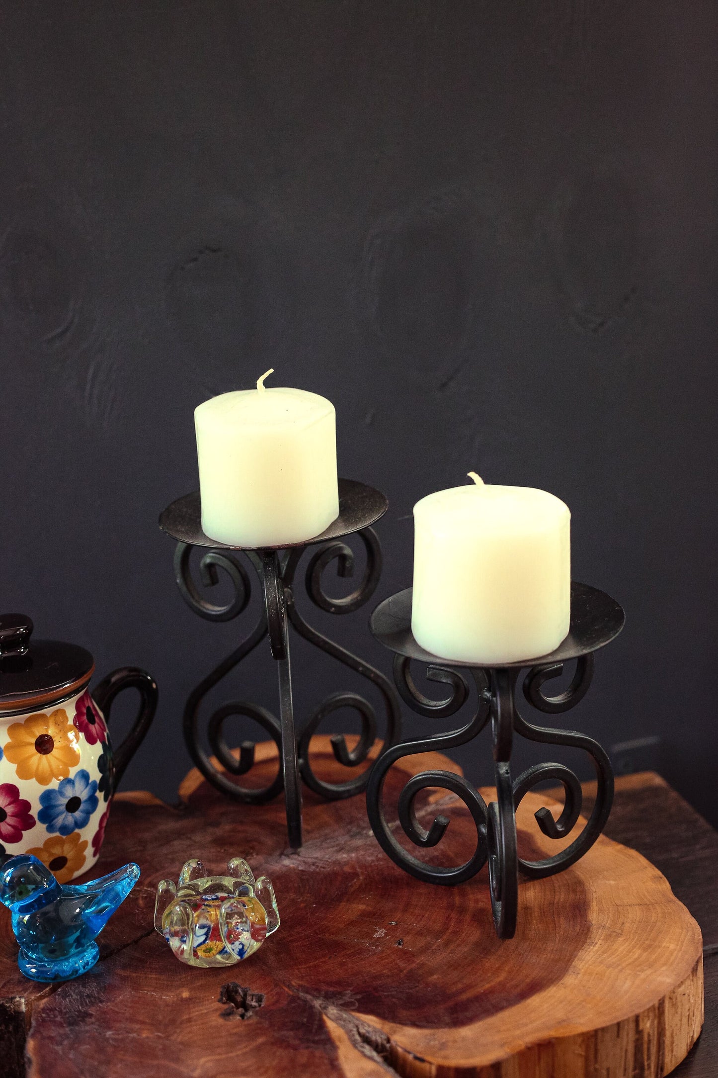 Pair of Black Metal Pillar Candle Bases - Vintage Black Iron Scroll Candle Holder