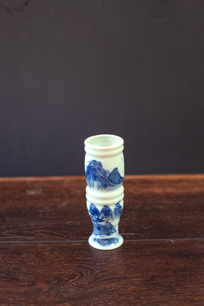 Small Hand Painted Scenic Cylinder Vase - Vintage Mountain Scene Blue & White Japanese Bud Vase