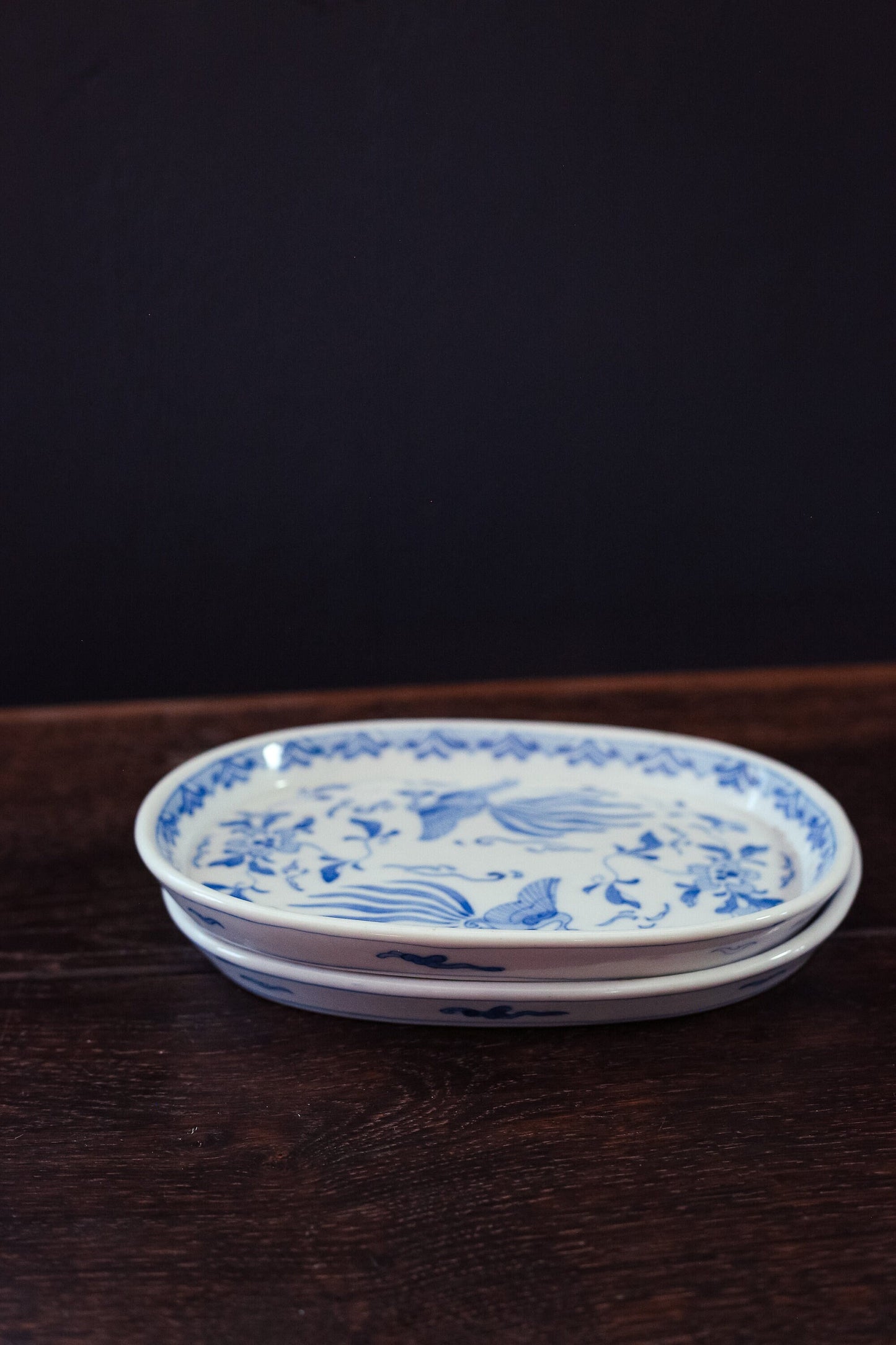 Pair of Blue White Phoenix Porcelain Low Dishes - Vintage Japanese Porcelain Serving Plates