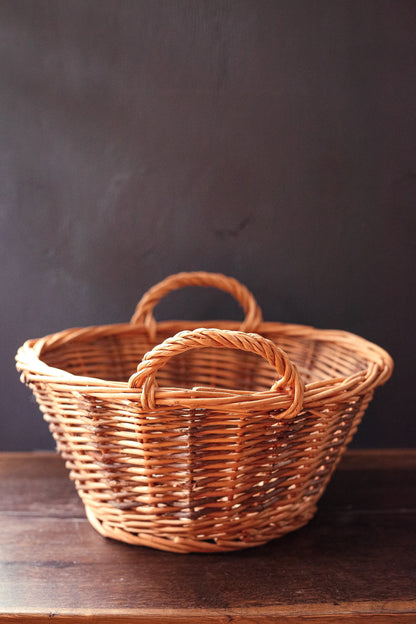 Two Tone Wicker and Branch Basket with Round Flat Bottom and Side Handles - Vintage Rustic Farmhouse Basket