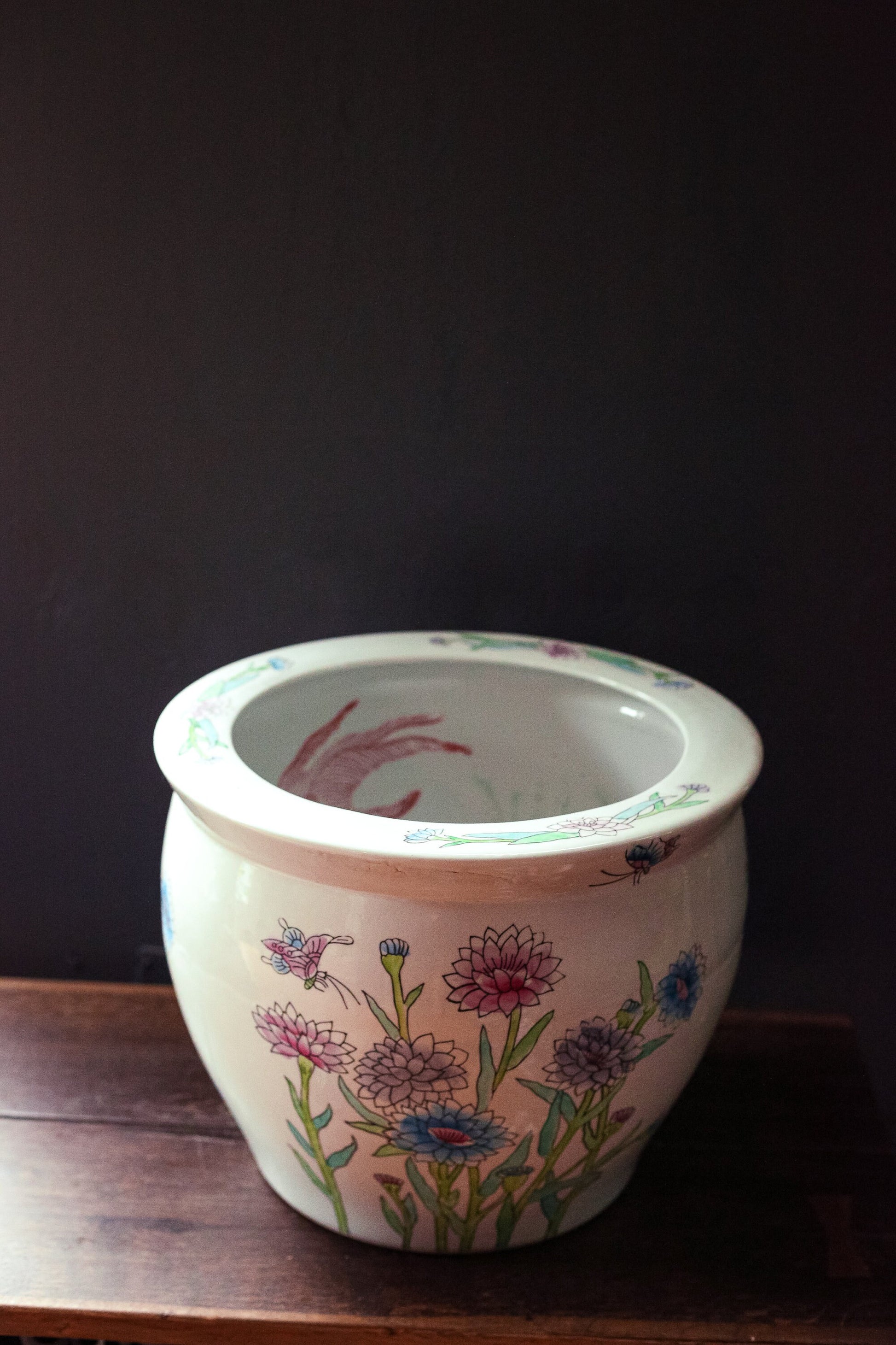 Large Hand Painted Porcelain Jardiniere - Vintage Chinese Koi Floral Pastel Painted Indoor Planter