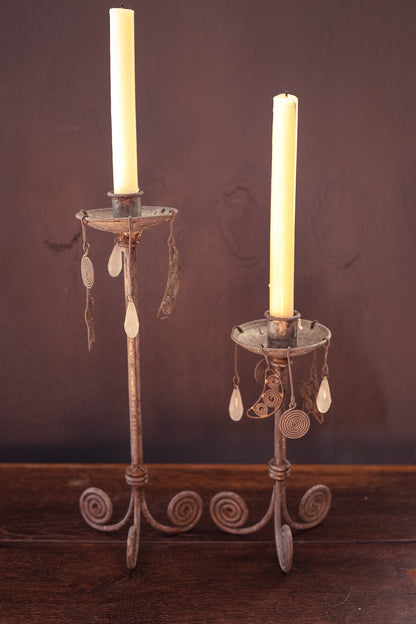 Moon & Stars Galvanized Aluminum Candle Holders with Crystals - Vintage Pair of Rustic Celestial Candle Base