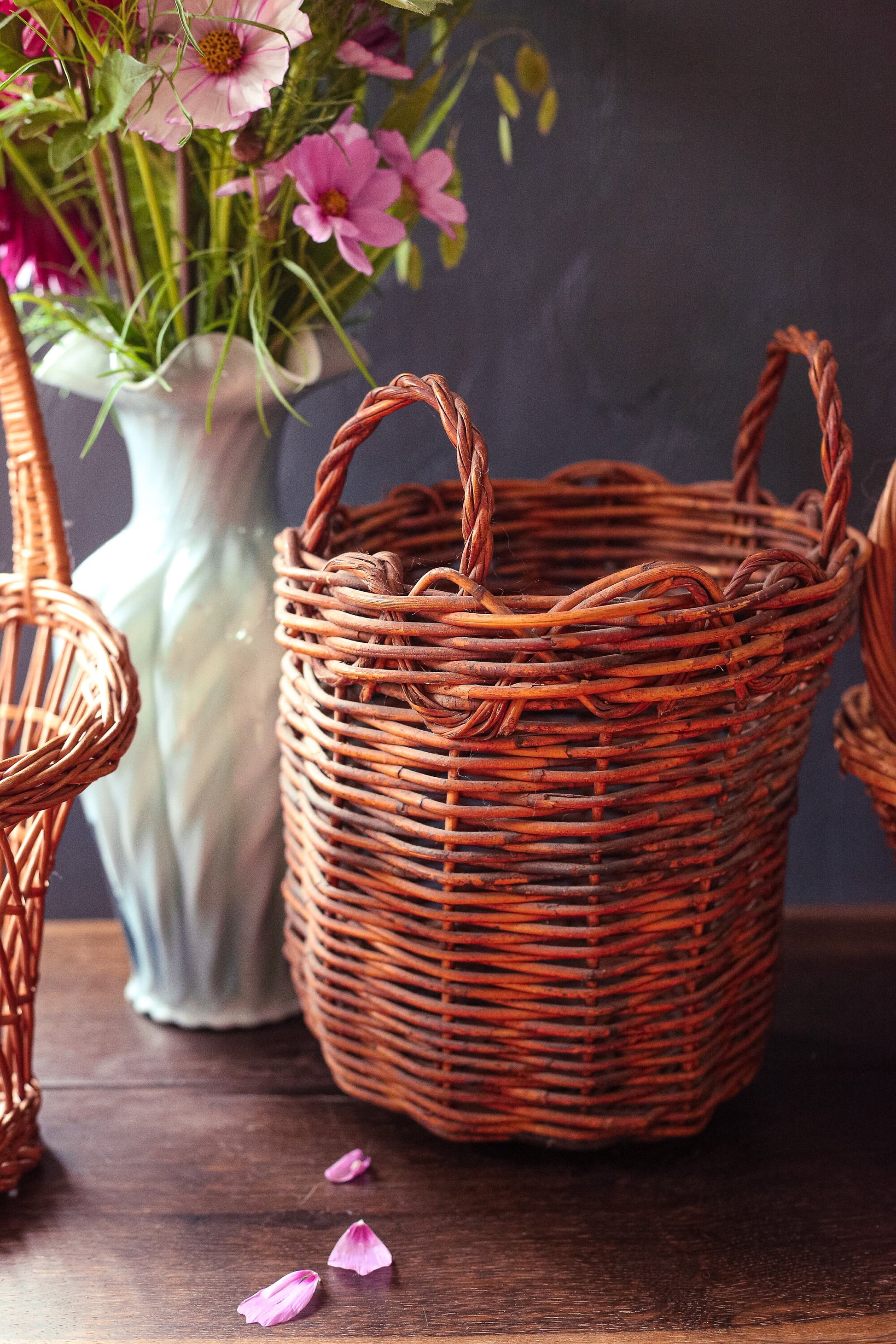 Rustic Branch Basket with Round Irregular Shape and Side Handles - Vintage Primitive Branch Basket with Handles