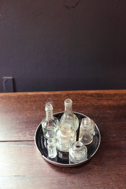 Set of 6 Vintage Bottles on Enamel Metal Ashtray - Bud Vase Collection & MCM Norwegian Enamel Steel Ashtray